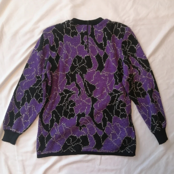 Vintage 80s D'Allairds Purple and Black Knit Metallic Floral Sweater Small - Picture 7 of 15